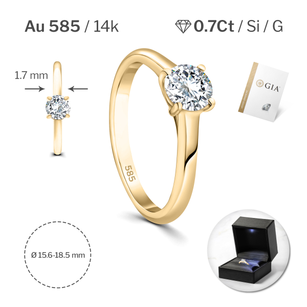 0,70 Karat Diamant Ring mit GIA Zertifikat, Gelbgold 585 / 14K, Breite 1,7 mm,Weite 52 mm, Gewicht ca. 2.9 g.