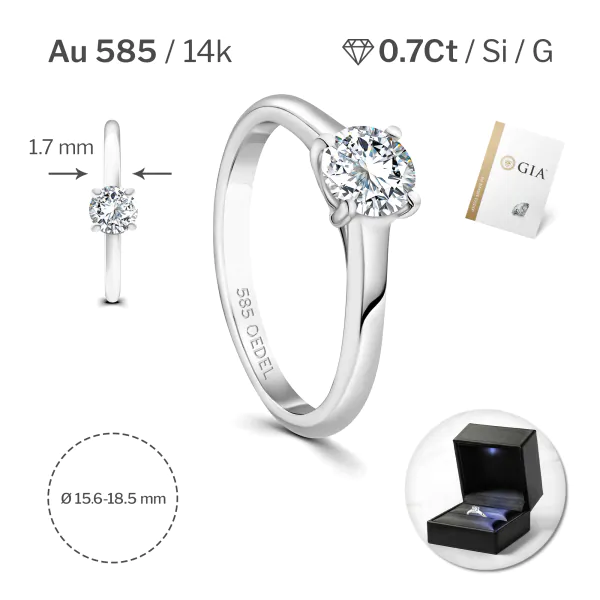 0,70 Karat Diamant Ring mit GIA Zertifikat, Weißgold 585 / 14K, Breite 1,7 mm,Weite 58 mm, Gewicht ca. 2.9 g.