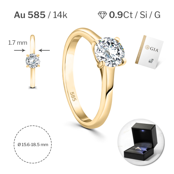 0,90 Karat Diamant Ring mit GIA Zertifikat, Gelbgold 585 / 14K, Breite 1,7 mm,Weite 51 mm, Gewicht ca. 3 g.