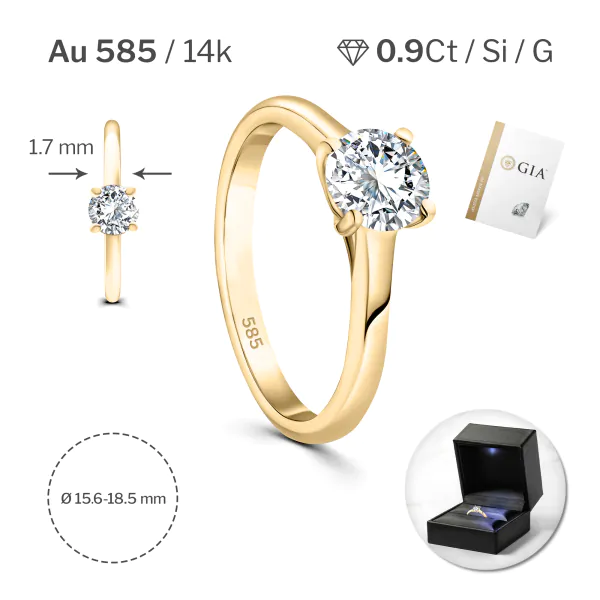 0,90 Karat Diamant Ring mit GIA Zertifikat, Gelbgold 585 / 14K, Breite 1,7 mm,Weite 56 mm, Gewicht ca. 3 g.