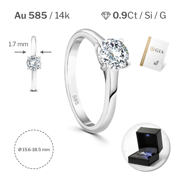 0,90 Karat Diamant Ring mit GIA Zertifikat, Weißgold 585 / 14K, Breite 1,7 mm,Weite 54 mm, Gewicht ca. 3 g.
