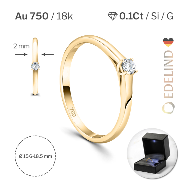 0,10 Karat Diamant Verlobungsring, Gelbgold 750 / 18K, Breite 2 mm, Weite 50 mm, Gewicht ca. 2.03 g.