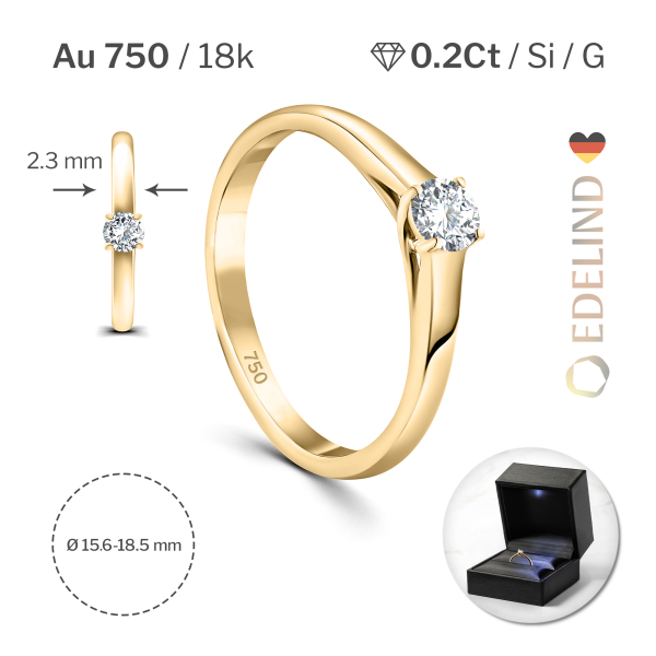0,20 Karat Diamant Verlobungsring, Gelbgold 750 / 18K, Breite 2,3 mm, Weite 58 mm, Gewicht ca. 2.46 g.