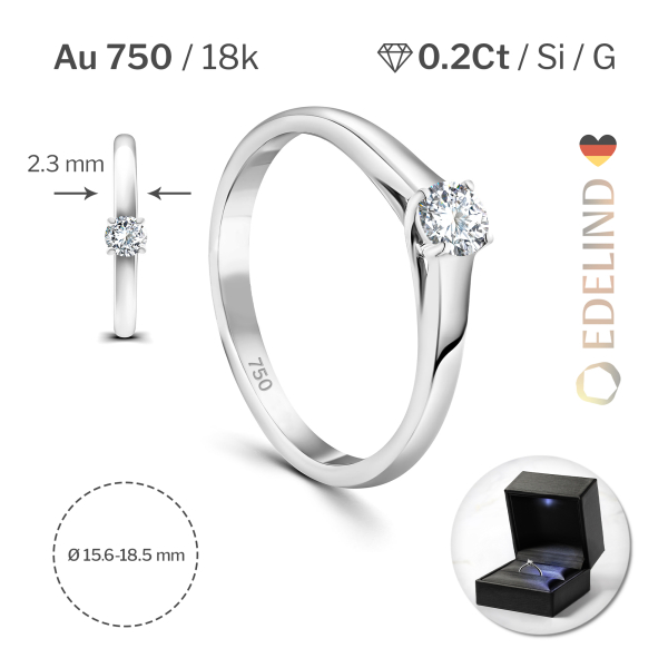 0,20 Karat Diamant Verlobungsring, Weißgold 750 / 18K, Weite 51 mm, Gewicht ca. 2.39 g.