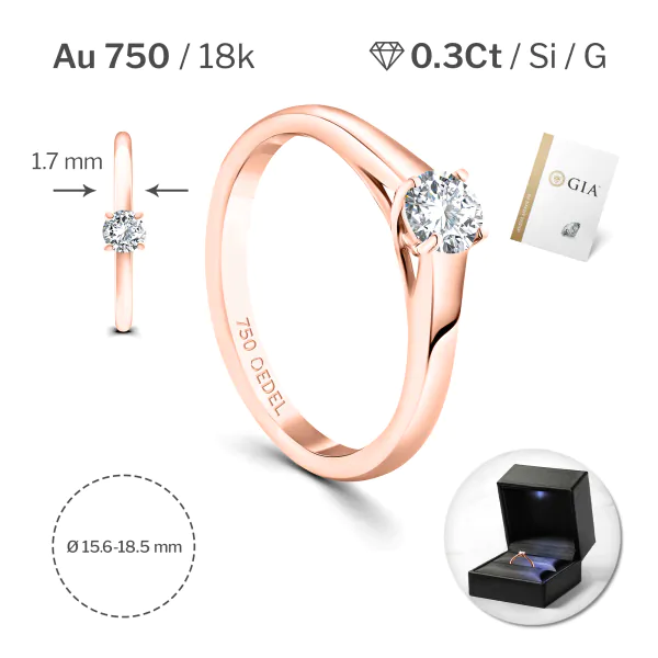 0,30 Karat Diamant Verlobungsring mit GIA Zertifikat, Rotgold 750 / 18K, Breite 1,7 mm,Weite 55 mm, Gewicht ca. 2.84 g.