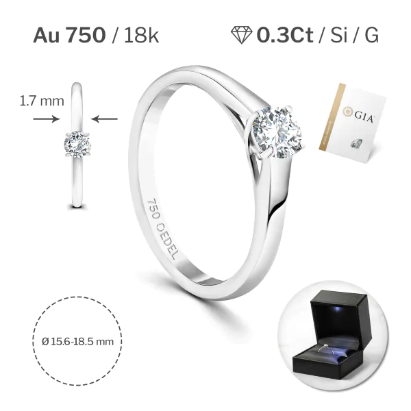 0,30 Karat Diamant Verlobungsring mit GIA Zertifikat, Weißgold 750 / 18K, Breite 1,7 mm,Weite 55 mm, Gewicht ca. 2.84 g.