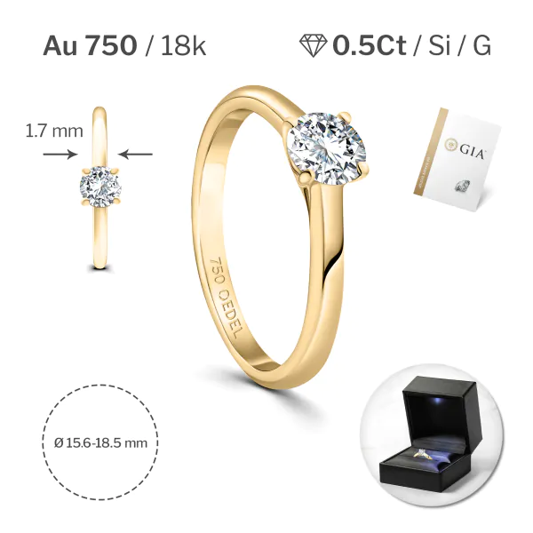 0,50 Karat Diamant Ring mit GIA Zertifikat, Gelbgold 750 / 18K, Breite 1,7 mm,Weite 58 mm, Gewicht ca. 3.41 g.