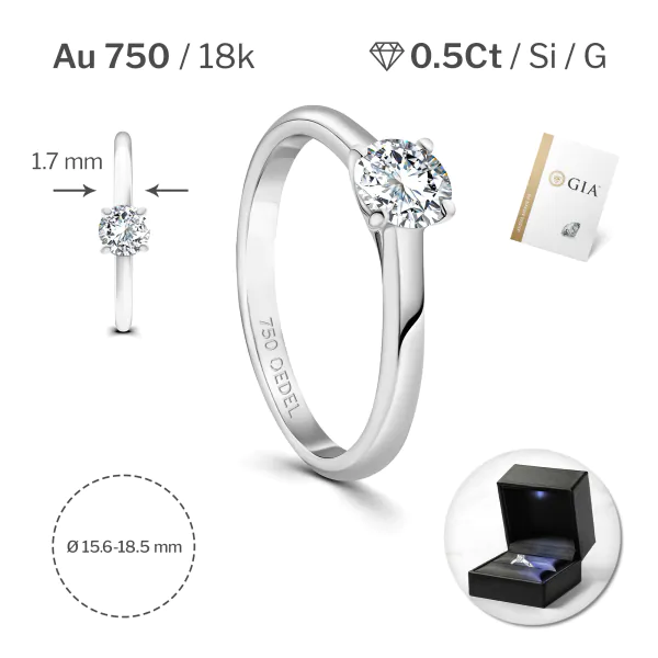 0,50 Karat Diamant Ring mit GIA Zertifikat, Weißgold 750 / 18K, Breite 1,7 mm,Weite 54 mm, Gewicht ca. 3.41 g.