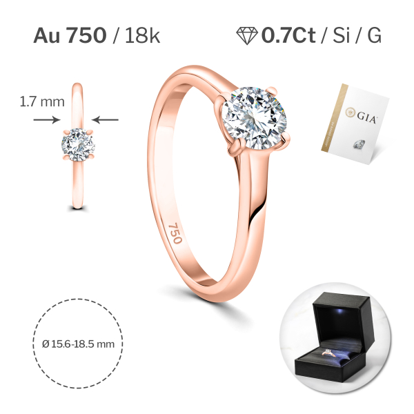 0,70 Karat Diamant Ring mit GIA Zertifikat, Rotgold 750 / 18K, Breite 1,7 mm,Weite 50 mm, Gewicht ca. 3.41 g.