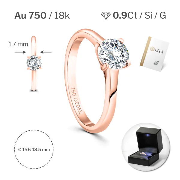 0,90 Karat Diamant Ring mit GIA Zertifikat, Rotgold 750 / 18K, Breite 1,7 mm,Weite 56 mm, Gewicht ca. 3.41 g.