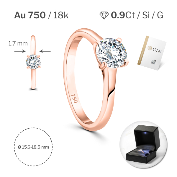 0,90 Karat Diamant Ring mit GIA Zertifikat, Rotgold 750 / 18K, Breite 1,7 mm,Weite 49 mm, Gewicht ca. 3.41 g.