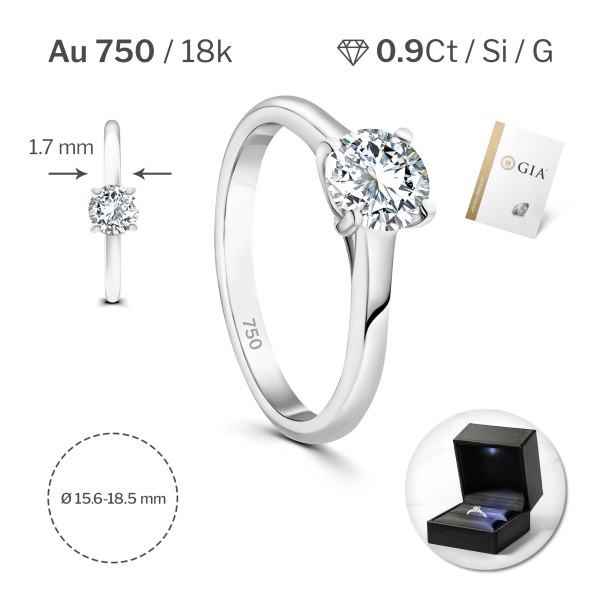 0,90 Karat Diamant Ring mit GIA Zertifikat, Weißgold 750 / 18K, Breite 1,7 mm,Weite 50 mm, Gewicht ca. 3.41 g.