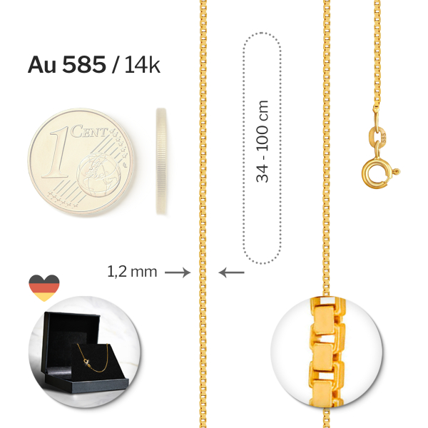 Goldkette als Venezianerkette in Gelbgold 585 / 14K, 50 cm lang, 1,2 mm breit, Gewicht ca. 4.9 g.
