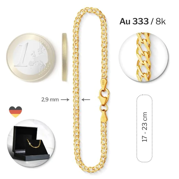 Armband als Zwillingspanzerkette in Gelbgold 333 / 8 K, 18,5 cm lang, 2,9mm breit, Gewicht ca. 2 g.