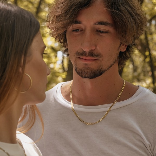 Goldkette als Panzerkette facettiert in Gelbgold 750 / 18K, 50 cm lang, 5 mm breit, Gewicht ca. 17.6 g.