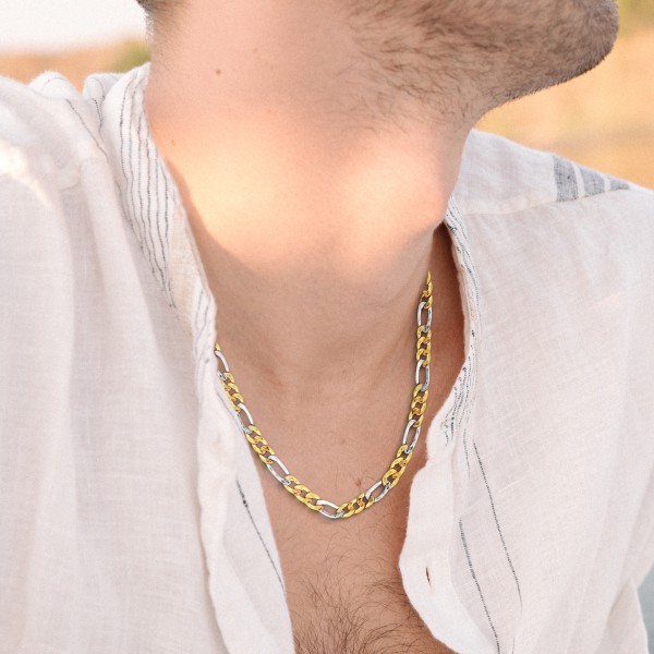 Goldkette als Figarokette hohl in Bicolor Gelbgold / Weißgold 750 / 18K, 50 cm lang, 5,7 mm breit, Gewicht ca. 14.7 g.