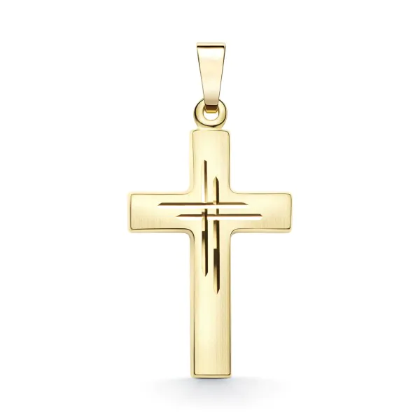Anhänger Kreuz seidenmatt/diamantiert Gelbgold 21 mm