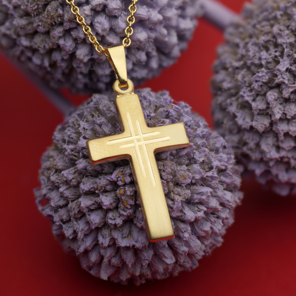 Anhänger Kreuz seidenmatt/diamantiert Gelbgold 21 mm