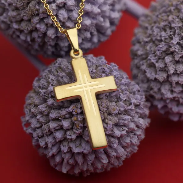 Anhänger Kreuz seidenmatt/diamantiert Gelbgold 21 mm