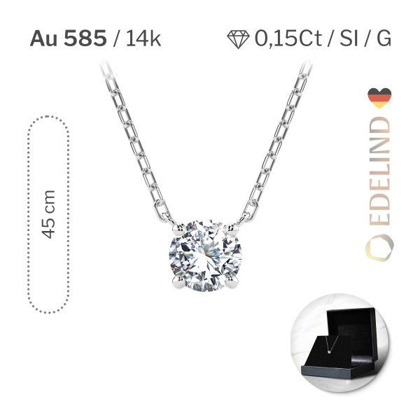 Diamantanhänger in 0,15 Karat, Weißgold 585 / 14 Karat, mit einer 585ger Goldkette in 45 cm lang, Gewicht ca. 1,5 g.