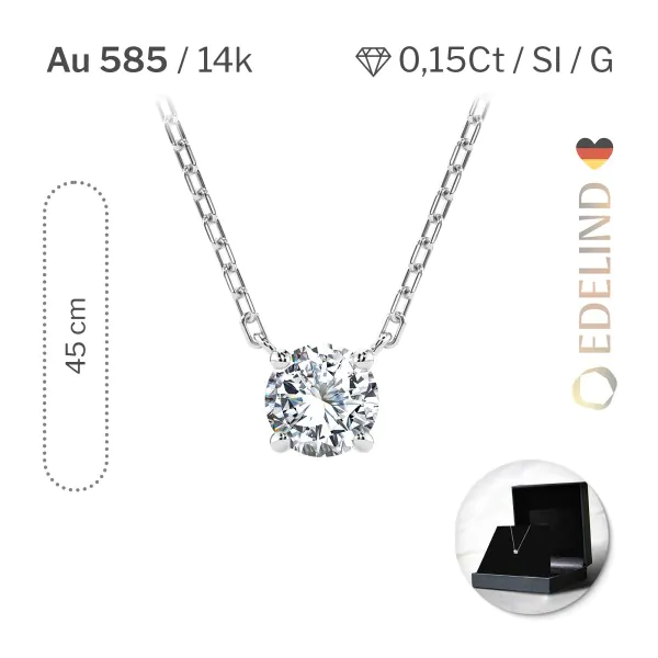 Diamantanhänger in 0,15 Karat, Weißgold 585 / 14 Karat, mit einer 585ger Goldkette in 45 cm lang, Gewicht ca. 1,5 g.
