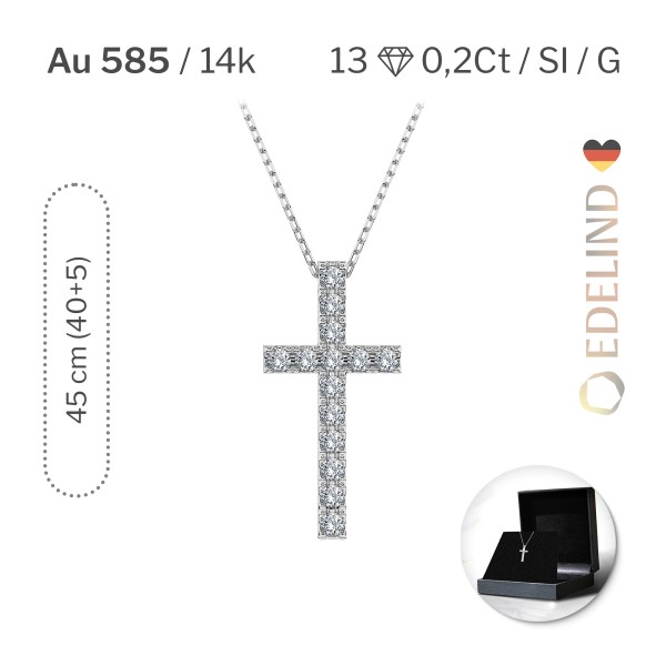 Diamantanhänger in 0,2 Karat, Weißgold 585 / 14 Karat, mit einer 585ger Goldkette in 45 (40+5) cm lang, Gewicht ca. 2,3 g.