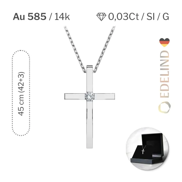 Diamantanhänger in 0,03 Karat, Weißgold 585 / 14 Karat, mit einer 585ger Goldkette in 45 (42+3) cm lang, Gewicht ca. 2 g.