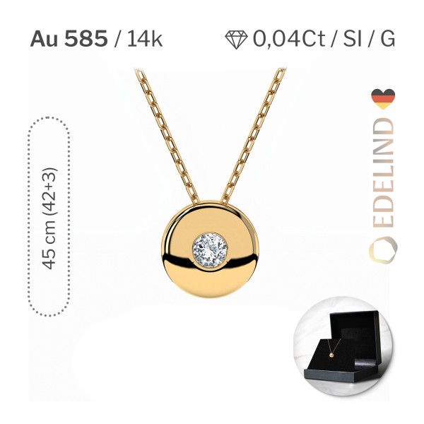 Diamantanhänger in 0,04 Karat, Gelbgold 585 / 14 Karat, mit einer 585ger Goldkette in 45 (42+3) cm lang, Gewicht ca. 1,8 g.