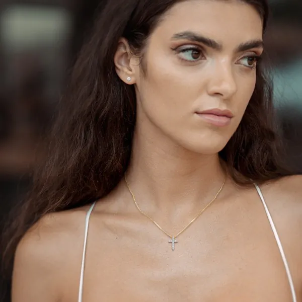 0,09 Karat Diamant Anhänger Kreuz Gelbgold 585 (14K) mit Goldkette für Damen