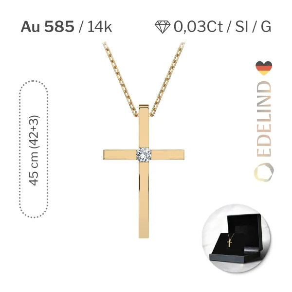 Diamantanhänger in 0,03 Karat, Gelbgold 585 / 14 Karat, mit einer 585ger Goldkette in 45 (42+3) cm lang, Gewicht ca. 2 g.