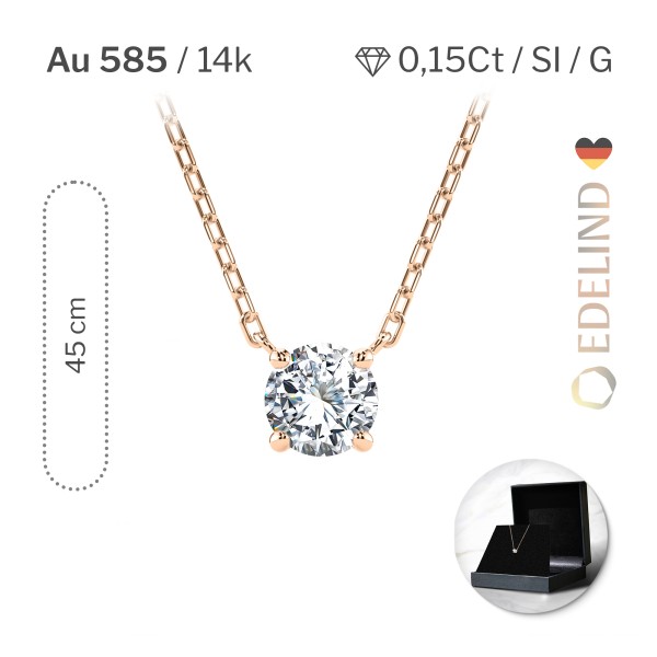Diamantanhänger in 0,15 Karat, Rotgold 585 / 14 Karat, mit einer 585ger Goldkette in 45 cm lang, Gewicht ca. 1,5 g.