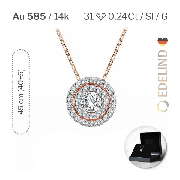 Diamantanhänger in 0,24 Karat, Rotgold 585 / 14 Karat, mit einer 585ger Goldkette in 45 (40+5) cm lang, Gewicht ca. 2,2 g.