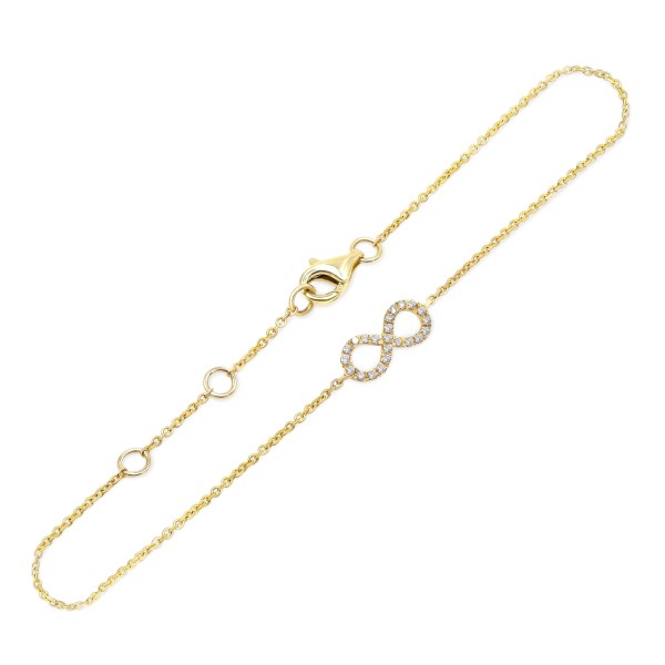 Goldarmband als Ankerkette mit Zwischenösen mit 0,09 Karat Diamanten, Gelbgold 585 / 14 Karat, 17,8 cm lang, 1 mm breit, Gewicht ca. 1,14 g.