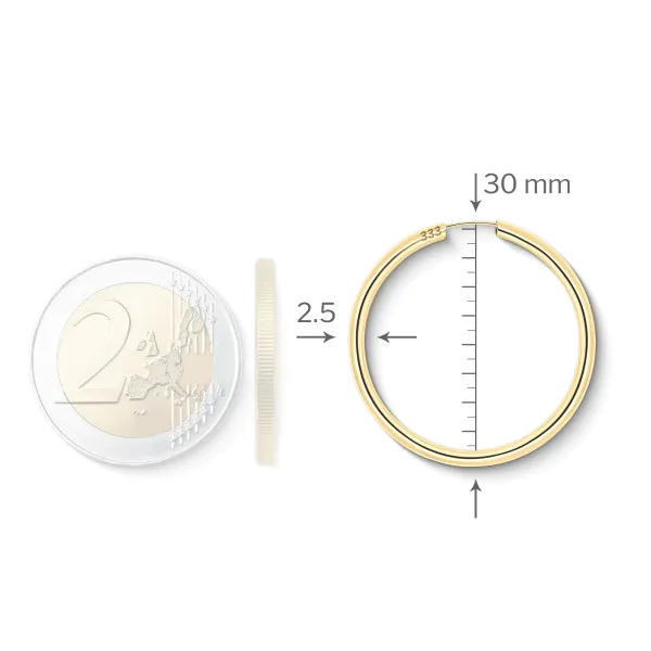 Ohrringe, Creolen, Gelbgold 333 / 8K, Außendurchmesser 30 mm, Breite 2.5 mm, Gewicht ca. 1.4 g