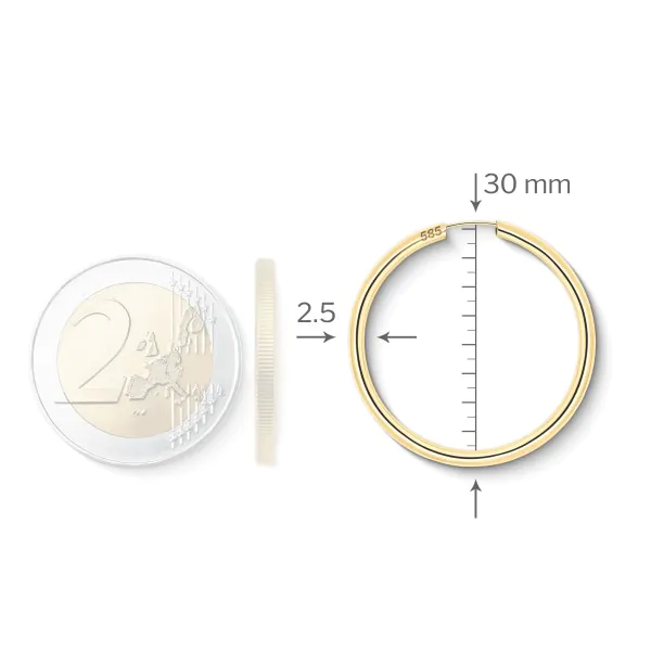 Ohrringe, Creolen, Gelbgold 585 / 14K, Außendurchmesser 30 mm, Breite 2.5 mm, Gewicht ca. 1.6 g