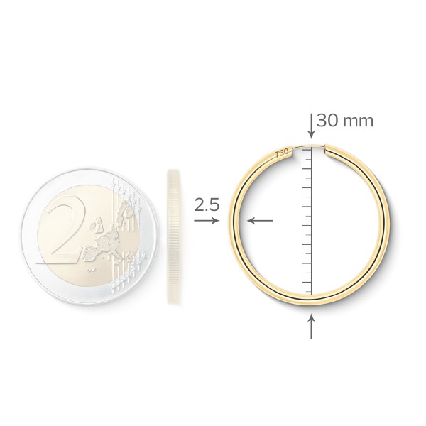 Ohrringe, Creolen, Gelbgold 750 / 18K, Außendurchmesser 30 mm, Breite 2.5 mm, Gewicht ca. 2.2 g