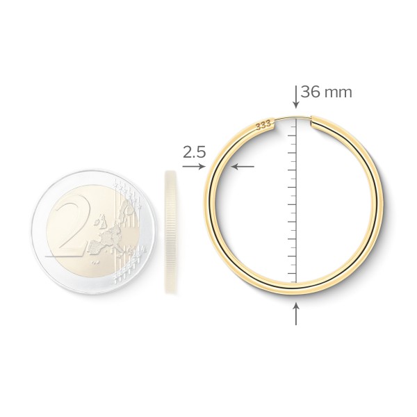 Ohrringe, Creolen, Gelbgold 333 / 8K, Außendurchmesser 40 mm, Breite 2.5 mm, Gewicht ca. 1.8 g
