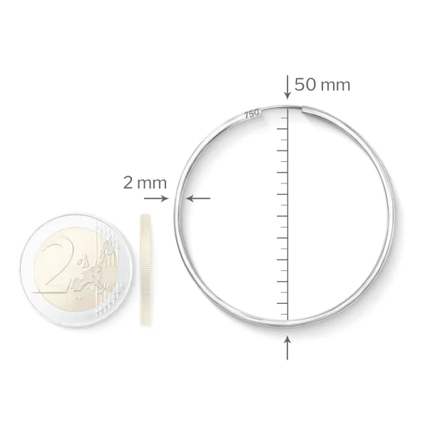 Ohrringe, Creolen, Weißgold 585 / 14K, Außendurchmesser 50 mm, Breite 2 mm, Gewicht ca. 2.0 g