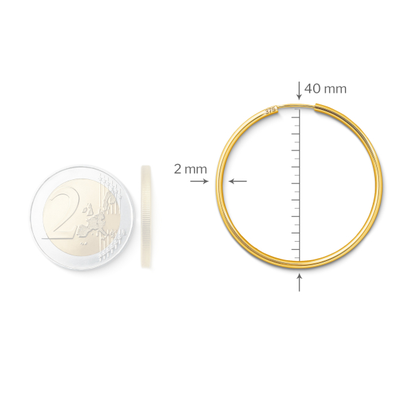 Ohrringe, Creolen, Gelbgold 375 / 9K, Außendurchmesser 40 mm, Breite 2 mm, Gewicht ca. 1.4 g