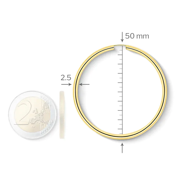 Ohrringe, Creolen, Gelbgold 750 / 18K, Außendurchmesser 50 mm, Breite 2.5 mm, Gewicht ca. 3.4 g