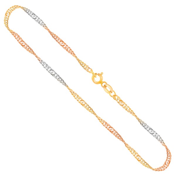 Goldkette als Singapurkette Tricolor in Gelbgold / Weißgold / Rotgold 333 / 8K, 42 cm lang, 2,4 mm breit, Gewicht ca. 3 g.
