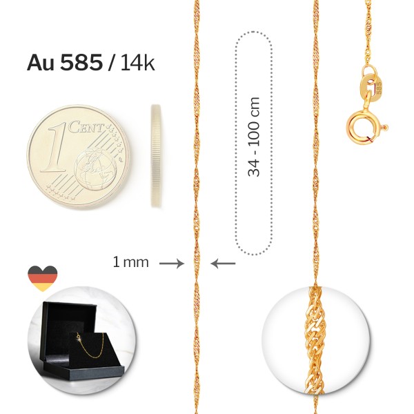 Goldkette als Singapurkette in Gelbgold 585 / 14K, 42 cm lang, 1 mm breit, Gewicht ca. 0.8 g.