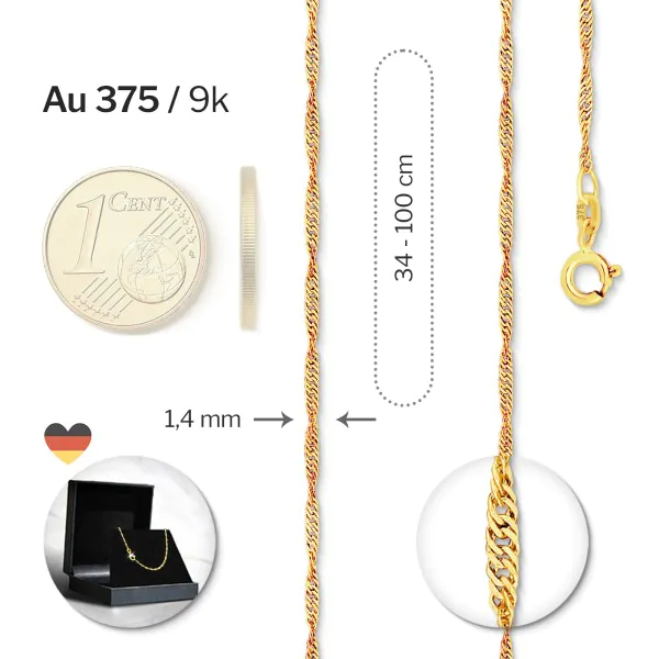 Goldkette als Singapurkette in Gelbgold 375 / 9K, 36 cm lang, 1,4 mm breit, Gewicht ca. 1.3 g.