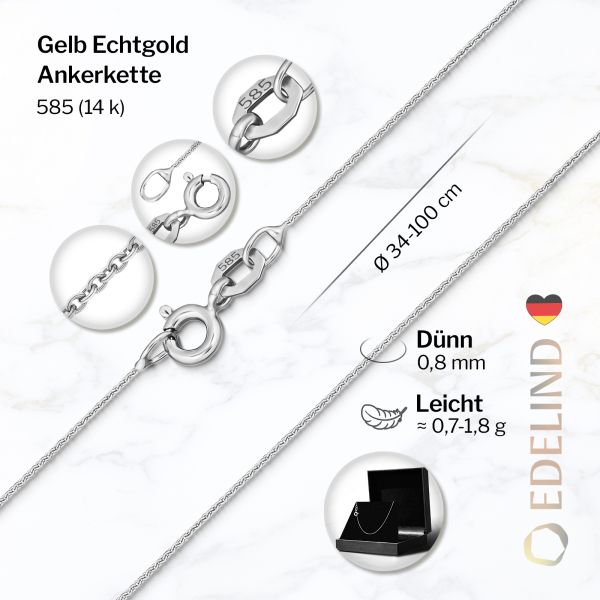 Goldkette als Ankerkette rund in Weißgold 585 / 14K, 40 cm lang, 0,8 mm Breit, Gewicht ca. 0,8 g.