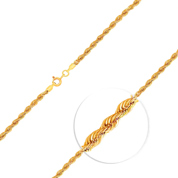 Goldkette als Kordelkette hohl Leichtversion in Gelbgold 333 / 8 Karat, 42 cm lang, 3.3 mm breit, Gewicht ca. 4,3 g.
