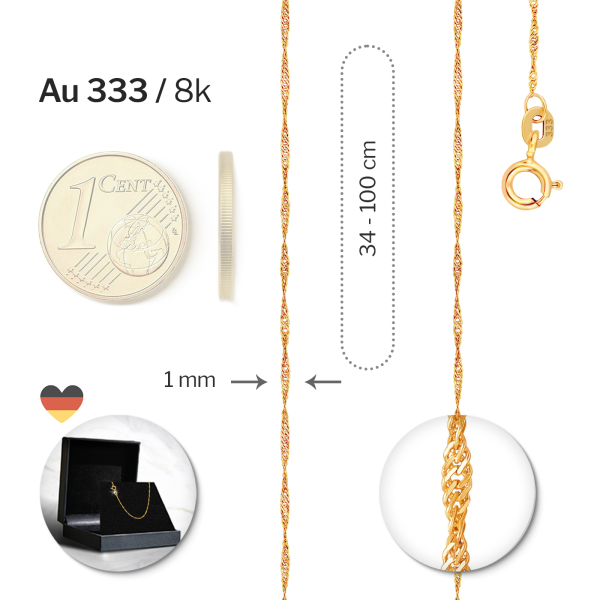 Goldkette als Singapurkette in Gelbgold 333 / 8K, 42 cm lang, 1 mm breit, Gewicht ca. 0.7 g.