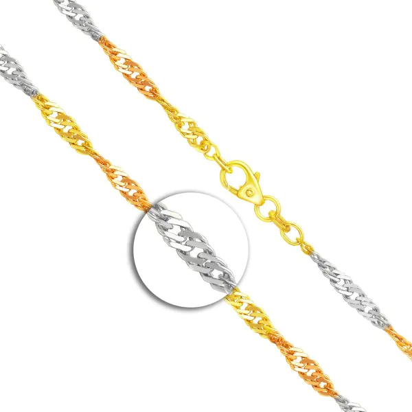 Goldkette als Singapurkette Tricolor in Gelbgold / Weißgold / Rotgold 333 / 8K, 42 cm lang, 2,9 mm breit, Gewicht ca. 5 g.