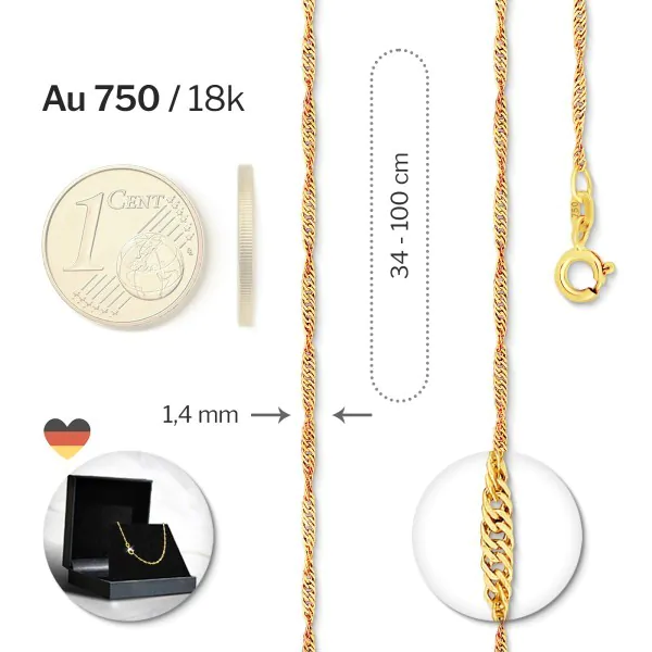 Goldkette als Singapurkette in Gelbgold 750 / 18 Karat, 85 cm lang, 1.4 mm breit, Gewicht ca. 3.7 g.