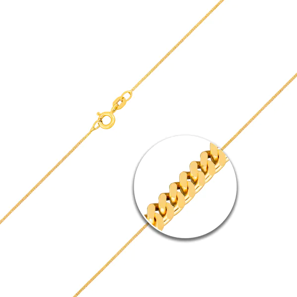 Goldkette als Panzerkette flach in Gelbgold 375 / 9K, 36 cm lang, 0,8 mm breit, Gewicht ca. 0.9 g.