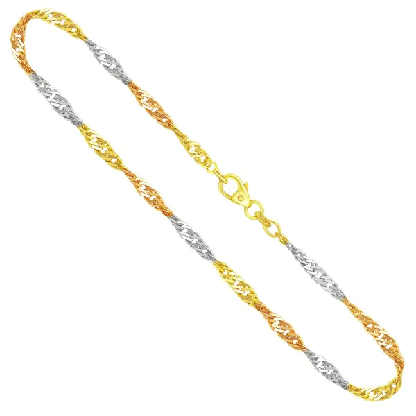 Goldkette als Singapurkette Tricolor in Gelbgold / Weißgold / Rotgold 333 / 8K, 42 cm lang, 2,9 mm breit, Gewicht ca. 5 g.
